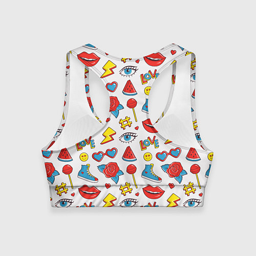 Женский спортивный топ Паттерн с яркими молодежными стикерами / 3D-принт – фото 2