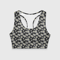 Топик спортивный женский Белые цветы ромашки на черном в мелкий горошек, цвет: 3D-принт
