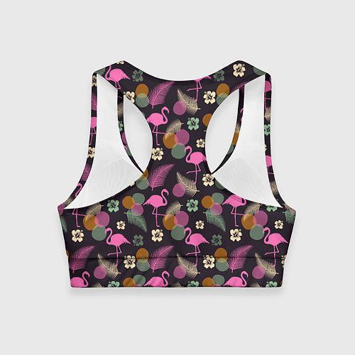 Женский спортивный топ Фламинго и листья на темно-синем / 3D-принт – фото 2