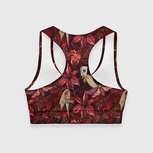Женский спортивный топ Бордовая готика с сердцем, лилиями и мотыльками / 3D-принт – фото 2