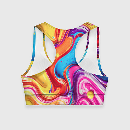 Женский спортивный топ Смесь красно-жёлто-голубых масляных красок абстрак / 3D-принт – фото 2