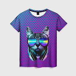 Футболка женская Кот очки наушники модный, цвет: 3D-принт