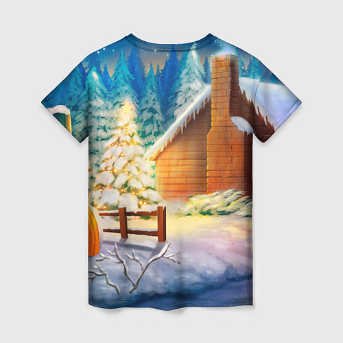 Женская футболка Тигренок на фоне зимнего дома / 3D-принт – фото 2