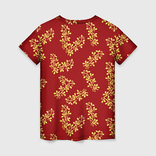 Женская футболка Золотые веточки на ярко красном фоне / 3D-принт – фото 2