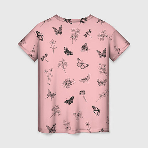 Женская футболка Цветочки и бабочки на розовом фоне / 3D-принт – фото 2