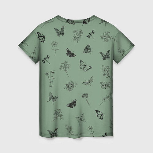 Женская футболка Цветочки и бабочки на зеленом фоне / 3D-принт – фото 2