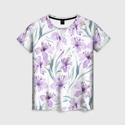 Женская футболка Цветы Фиолетовые Нарисованные Акварелью
