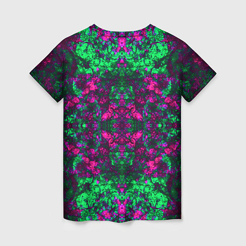 Женская футболка Абстрактный зелено-малиновый симметричный узор / 3D-принт – фото 2
