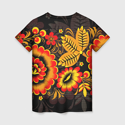 Женская футболка Хохломская Роспись Цветы На Тёмном Фоне / 3D-принт – фото 2