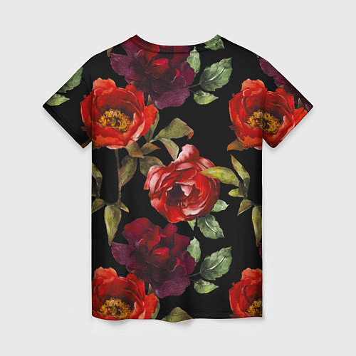 Женская футболка Цветы Нарисованные Розы На Чёрном Фоне / 3D-принт – фото 2