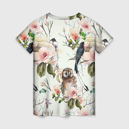 Женская футболка Цветы Нарисованные Магнолии и Птицы / 3D-принт – фото 2