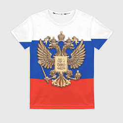 Женская футболка Герб России на фоне флага