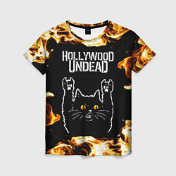 Футболка женская Hollywood Undead рок кот и огонь, цвет: 3D-принт