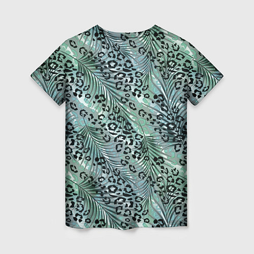 Женская футболка Листья пальмы на леопардовом серо - зеленом фоне / 3D-принт – фото 2