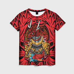 Женская футболка Маска воина самурая с драконом