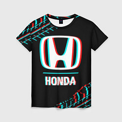 Футболка женская Значок Honda в стиле glitch на темном фоне, цвет: 3D-принт