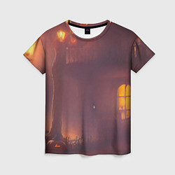 Женская футболка Викторианский дом и старые фонари с тыквами в пурп