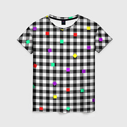 Футболка женская Черно-белая клетка с цветными квадратами, цвет: 3D-принт