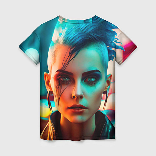 Женская футболка Нейросеть - девушка в стиле киберпанк / 3D-принт – фото 2
