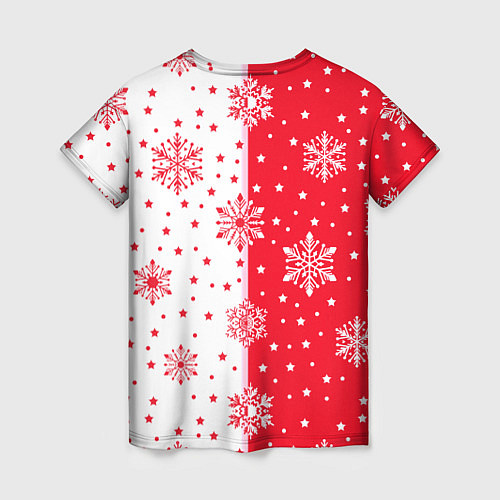 Женская футболка Рождественские снежинки на красно-белом фоне / 3D-принт – фото 2