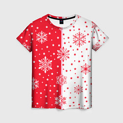 Футболка женская Рождественские снежинки на красно-белом фоне, цвет: 3D-принт