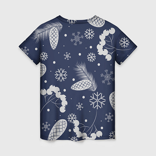 Женская футболка Зимние ягоды и шишки на синем фоне / 3D-принт – фото 2