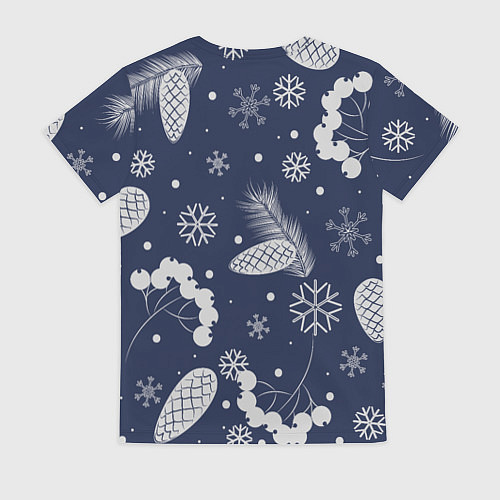 Женская футболка Зимние ягоды и шишки на синем фоне / 3D-принт – фото 2