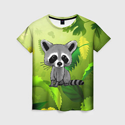 Женская футболка Енот на фоне зеленой листвы
