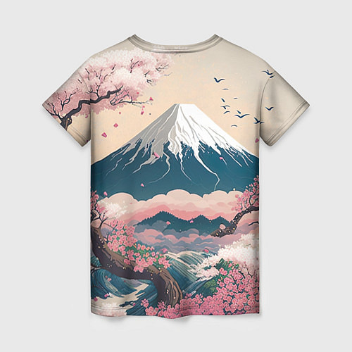 Женская футболка Японский пейзаж: цветение сакуры у горы Фудзияма / 3D-принт – фото 2