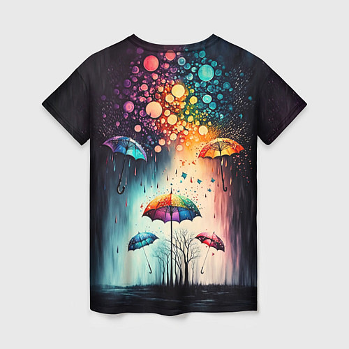 Женская футболка Яркие зонтики под дождем / 3D-принт – фото 2