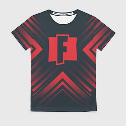 Женская футболка Красный символ Fortnite на темном фоне со стрелкам