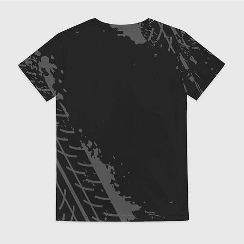 Женская футболка BMW speed на темном фоне со следами шин: надпись, / 3D-принт – фото 2