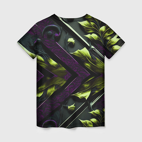 Женская футболка Зеленые листья и фиолетовые вставки / 3D-принт – фото 2