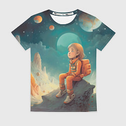 Футболка женская Девочка в оранжевом скафандре: арт нейросети, цвет: 3D-принт