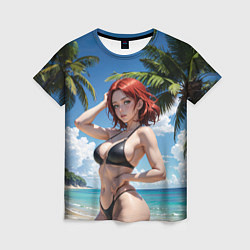 Женская футболка Девушка с рыжими волосами на пляже