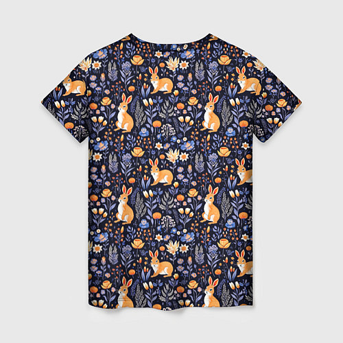 Женская футболка Оранжевые зайчики в траве на синем фоне / 3D-принт – фото 2