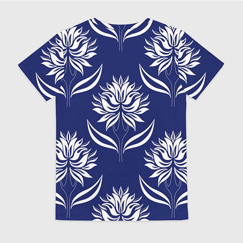 Женская футболка Абстрактные белые лотосы на синем - паттерн / 3D-принт – фото 2