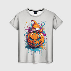 Футболка женская Хэллоуинская тыква в красках, цвет: 3D-принт