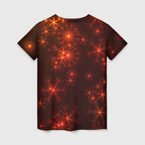 Женская футболка Абстрактные светящиеся красно оранжевые снежинки / 3D-принт – фото 2