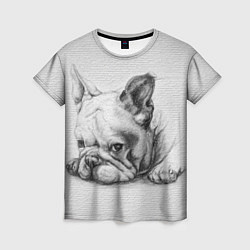 Женская футболка Французский бульдог чб рисунок на стене