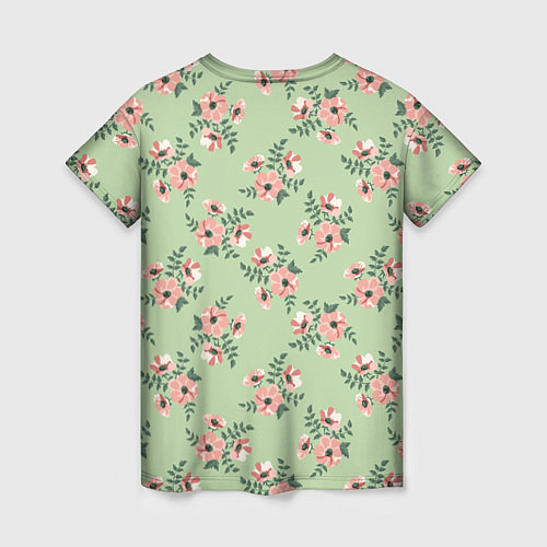 Женская футболка Паттерн с розовыми цветами на бледно-зеленом / 3D-принт – фото 2