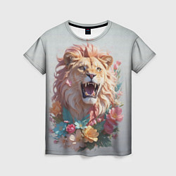 Женская футболка Голова льва в цветах на холсте