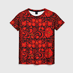 Футболка женская Хохломская роспись красные цветы и ягоды на чёрном, цвет: 3D-принт