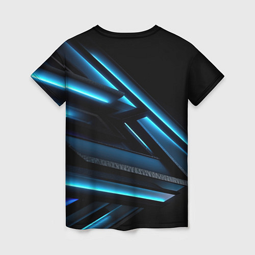 Женская футболка Черная абстракция с синим неоновым ярким свечением / 3D-принт – фото 2
