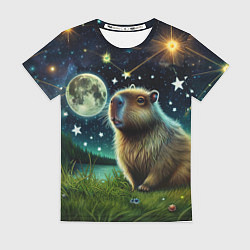 Женская футболка Капибара прогулки в полнолуние