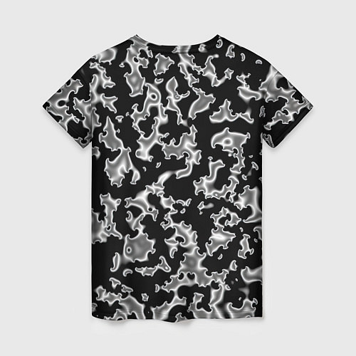 Женская футболка Капли жидкого металла - камуфляж на чёрном / 3D-принт – фото 2