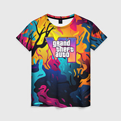 Женская футболка GTA 6 logo яркий неоновый камуфляжный стиль