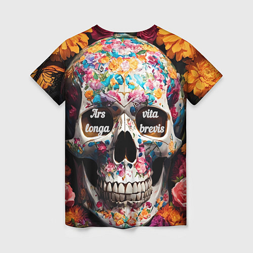 Женская футболка Яркие цветы и череп / 3D-принт – фото 2