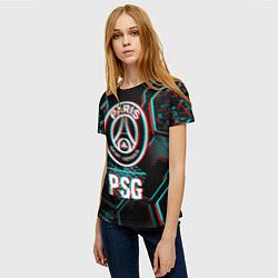 Футболка женская PSG FC в стиле glitch на темном фоне, цвет: 3D-принт — фото 2