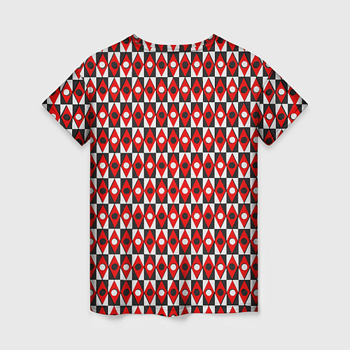 Женская футболка Чёрно-белые ромбы и круги на красном фоне / 3D-принт – фото 2